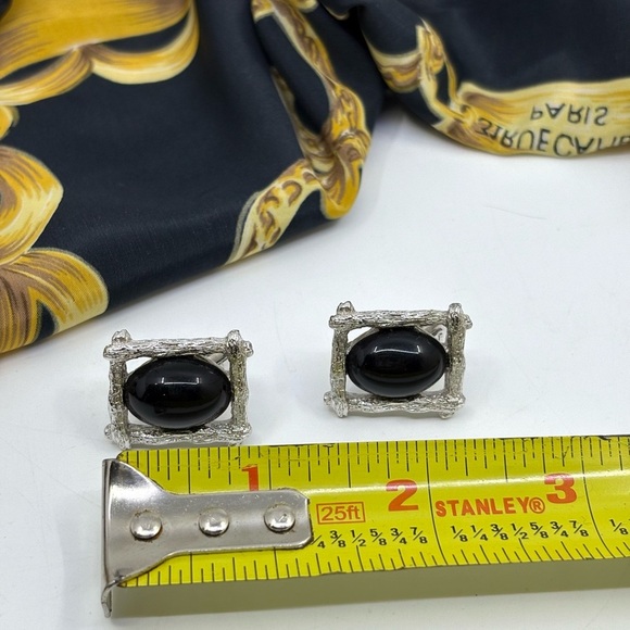 Vintage 70’s silver faux bois and onyx cuff links - Picture 4 of 5